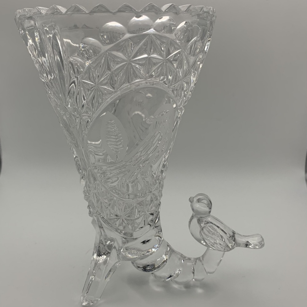Vintage Clear Cut Crystal Vase With Bird Accent Footed Flower Vase Decor